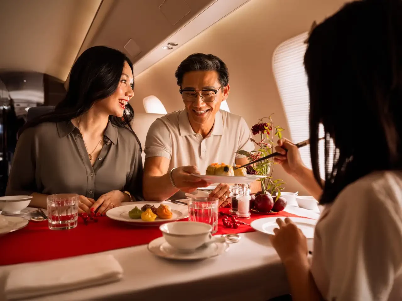 A family enjoying privacy, comfort and efficiency unmatched by commercial airlines.